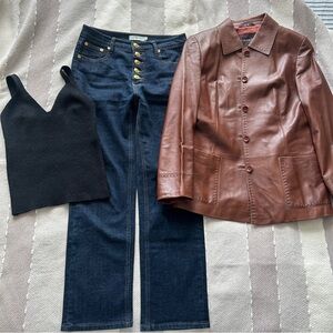 Brown Leather Button-Up Jacket & Tory Burch Denim bundle